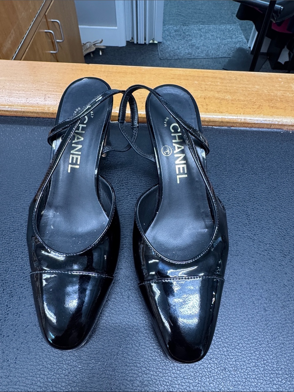 CHANEL Black Patent Leather Slingback Heels